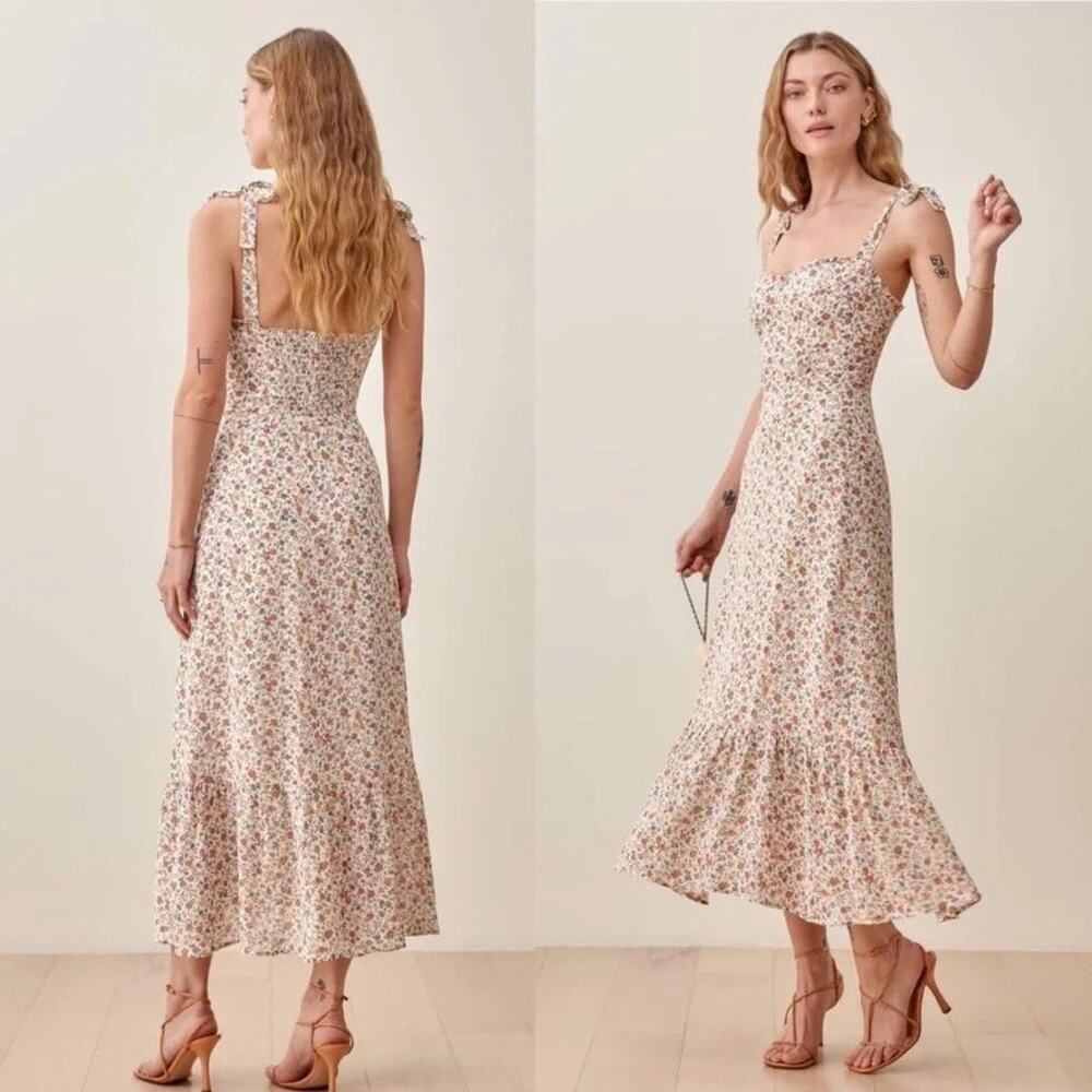 Reformation Nikita Dress Womens 6 Ronan Floral Sweetheart Neck Tie Shoulder Midi